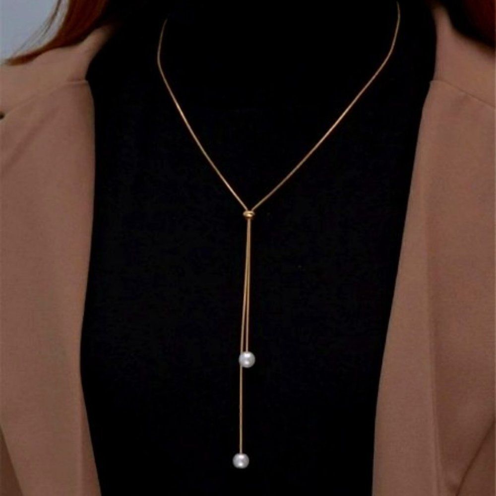 GOLD PEARL LARIAT NECKLACE 